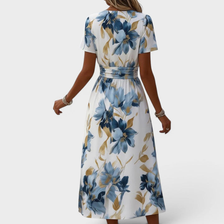 Robe mi-longue à fleurs, à encolure croisée