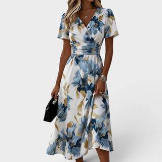 Robe mi-longue à fleurs, à encolure croisée