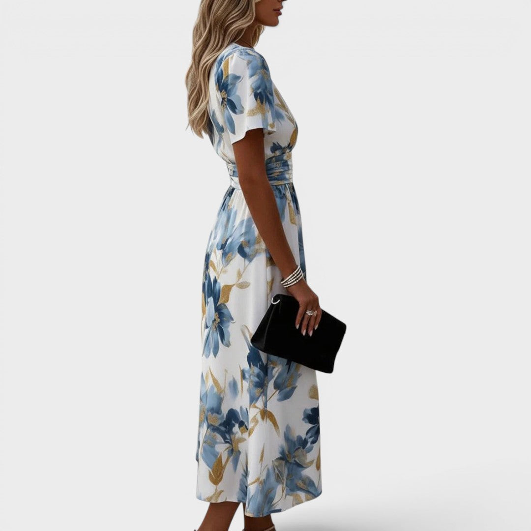 Robe mi-longue à fleurs, à encolure croisée